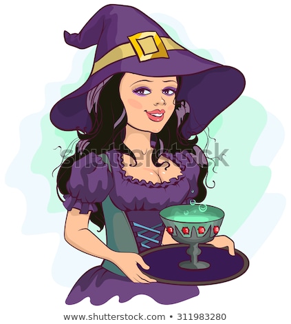 Foto stock: Beautiful Girl Witch Holds Potion Cup On A Tray