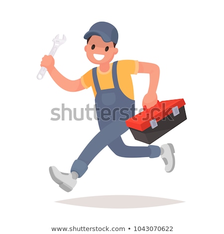 Stockfoto: Handyman Cartoon Character With Wrench And Tool Box