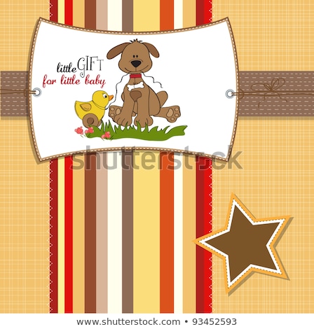 Stock fotó: Baby Shower Card With Dog And Duck Toy