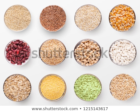 [[stock_photo]]: Collection Different Groats In White Bowls Closeup Isolated Template For Menu Cover Advertising