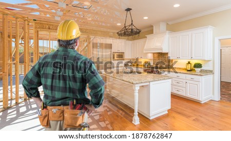 Stock fotó: Contractor With Hard Hat And Tool Belt Facing Custom Kitchen Des