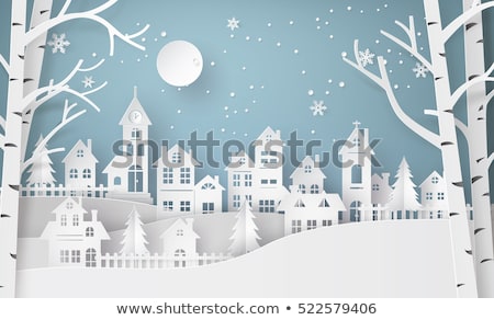 Stock fotó: Merry Christmas Paper Cut Mountains And City