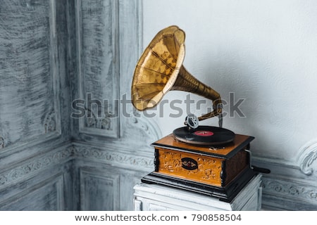 Stockfoto: Music Device Old Gramophone With Plate Or Vinyl Disk On Wooden Box Antique Brass Record Player Gr