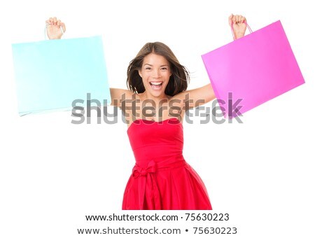 Woman In Red Dress With Paper Bags White Background Copyspace Stockfoto © Ariwasabi