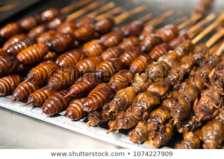 Сток-фото: Grill And Fried Silkworm Pupae On Stick From Wangfujing Street At Beijing China