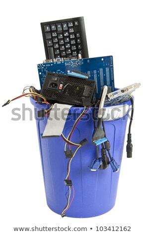 Stockfoto: Electronic Scrap In Blue Trash Can