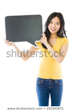 Zdjęcia stock: Three Happy Women In Jeans Clothes Holding Speech Bubbles