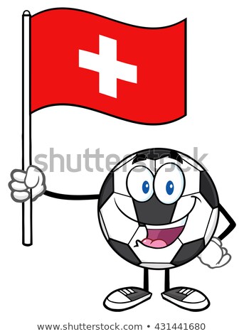 Stockfoto: Happy Soccer Ball Cartoon Mascot Character Holding A Flag Of Switzerland
