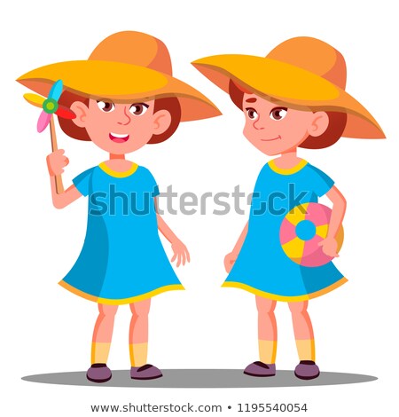 Foto stock: Smiling Little Girl In A Big Hat On The Beach Vector Isolated Illustration