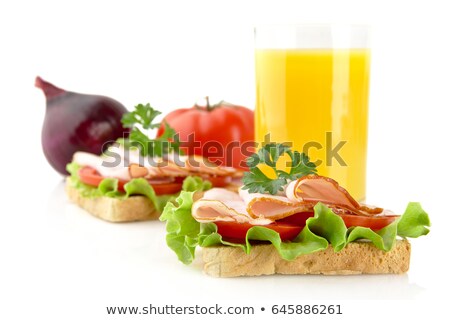 Сток-фото: Toasts With Cold Cuts For Breakfast Break With Orange Juice On White