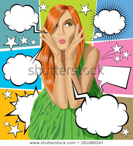 Cartoon Woman In Pink Dress With Speech Bubble Stock foto © leedsn