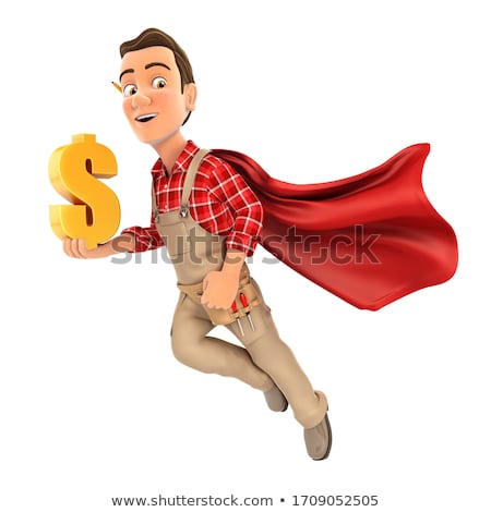 Stockfoto: 3d Handyman Flying And Holding Gold Dollar Sign