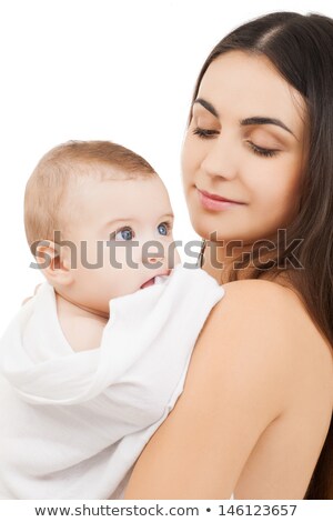 Foto stock: Beautiful Woman Holding Cute Curious Toddler Baby