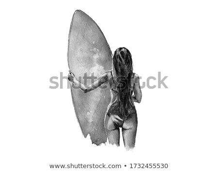 Stock fotó: Surfer Girl Posing With Her Surfboard On The Beach