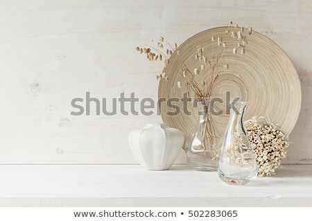 Stock foto: Soft Home Decor Of Glass Vase With Spikelets And Stalks On White Wood Background