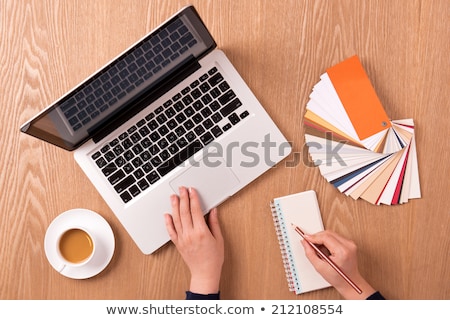 Zdjęcia stock: Laptop With Blank Notepad And Pencil With Set Of Color Samples On Old Wooden Table