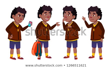 Foto stock: Boy Schoolboy Set Vector Black Afro American Cute Child Happiness Enjoyment Cheer Pretty For