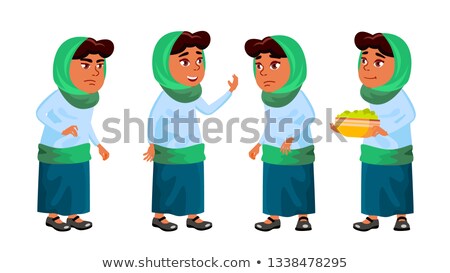 Foto stock: Arab Muslim Girl School Girl Kid Poses Set Vector Primary School Child For Postcard Announcemen