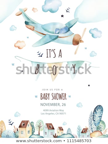 Foto stock: Baby Boy Shower Card With Toy Train
