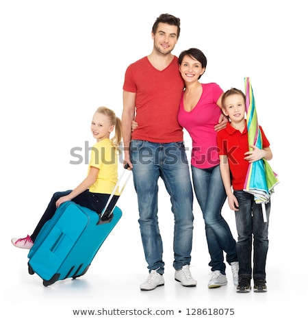 Foto stock: The Young Family Preparing For Vacation Travel On White