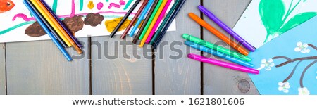 Foto stock: Banner Of Child Pictures Kid Drawings Flat Lay