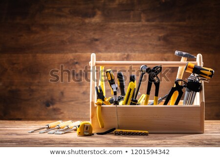 Zdjęcia stock: Toolbox With Various Worktools On Wooden Surface