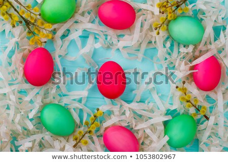 Stok fotoğraf: Easter Composition Of Catkins And Eggs On Wooden Table