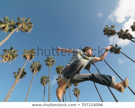 Foto d'archivio: Man Leaping In Front Of Palm Trees