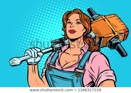 [[stock_photo]]: Pop Art Women Road Worker Builder With Jackhammer