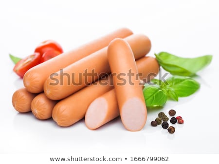 Foto stock: Classic Boiled Meat Pork Sausages With Pepper And Basil And Cherry Tomatoes On White Background