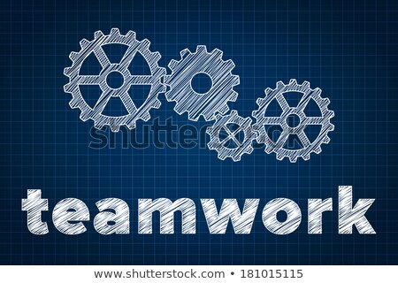 Stok fotoğraf: Teamwork Concept With Gears On Blueprint Scribbled Style