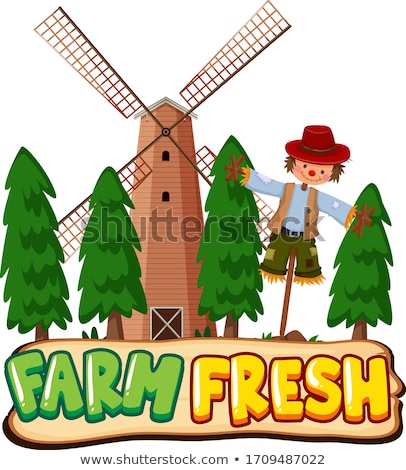 ストックフォト: Font Design For Word Farm Fresh With Scarecrow And Windmill