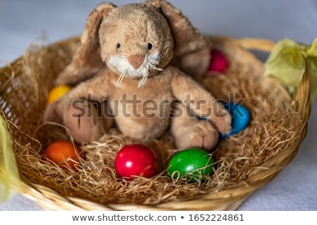 Stock photo: Stuffed Easter Bunny Paints A Red Easter Egg