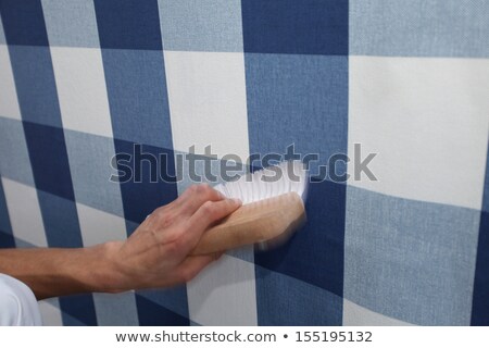 Сток-фото: Decorator Hanging Wallpaper With Work Tool In Motion