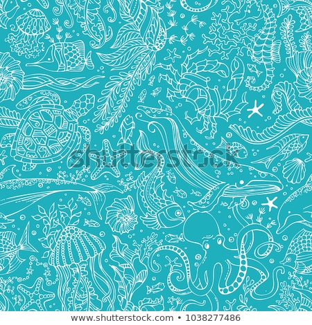 Stockfoto: Marine Life Seamless Pattern Seashell Turtle Octopus Ocean