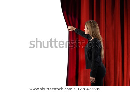 Zdjęcia stock: Woman Open Red Curtains Of The Theater Stage Blank Space For Your Text
