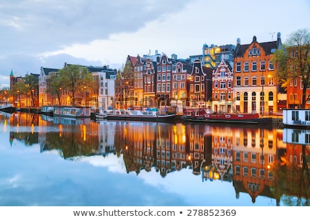 Stock fotó: Night City View Of Amsterdam Canal With Dutch Houses