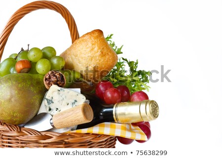 Wicker Bottle Of Wine And Bread On White Background Imagine de stoc © lidante