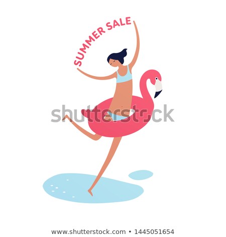 Foto stock: Happy Young Woman In Swimsuit With Red Sale Sign