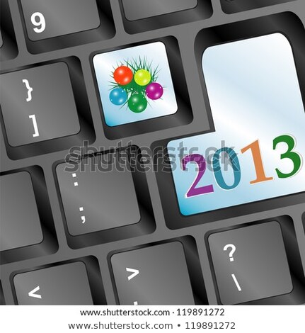 Christmas Button With Balls And Fir On Keyboard Stockfoto © fotoscool