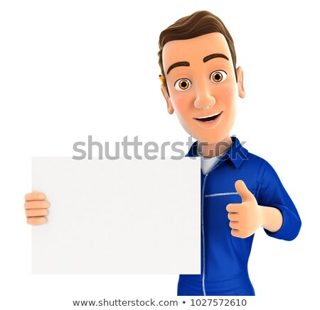 Service Man Holding A Banner 3d Service Man Character Foto stock © 3dmask