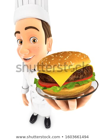 3d Head Chef Holding Plate With Hamburger Zdjęcia stock © 3dmask