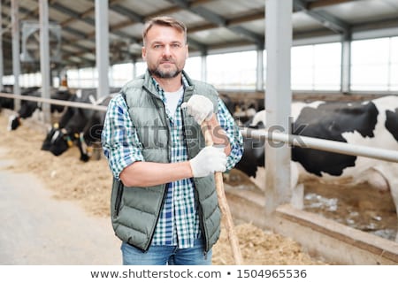 Stock photo: Bearded Mature Man In Workwear And Protective Gloves Standing By Cowshed