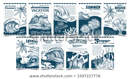 Zdjęcia stock: Wave Palm Trees And Seaweeds Banner Set Vector