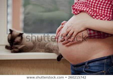 ストックフォト: Pregnant Couple S Petting The Cat