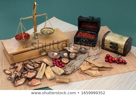 Stok fotoğraf: The Dried Shiitake Mushrooms On Old Wooden Table