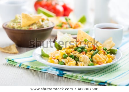 Foto d'archivio: Scrambled Eggs With Avocado And Green Beans