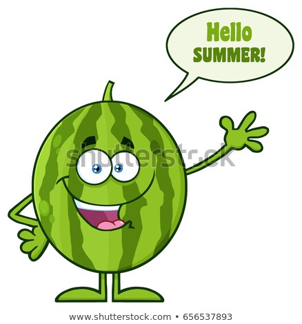 Happy Green Watermelon Fruit Cartoon Mascot Character Waving With Speech Bubble And Text Hello Summe Stock foto © HitToon