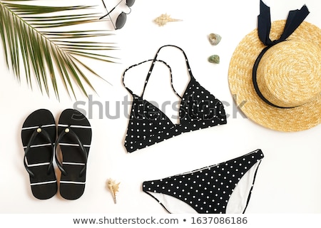 Zdjęcia stock: Colorful Summer Female Fashion Outfit Black And White Straw Hat Flip Flops