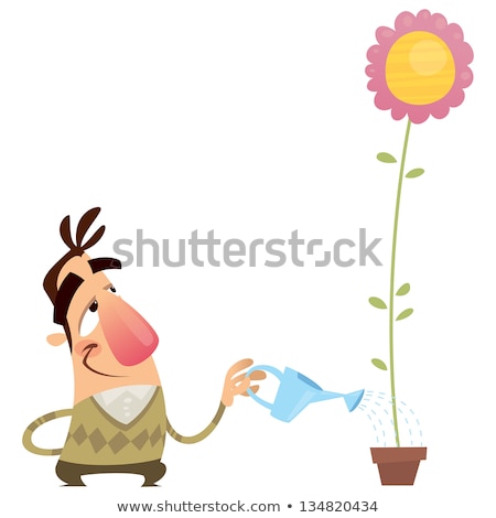 [[stock_photo]]: Happy Cartoon Man Gardener Watering Flower That Growing Fast